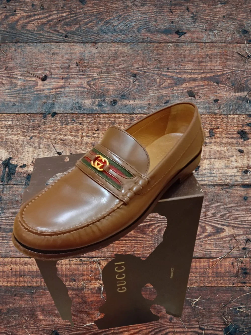 Gucci Tan Leather Loafers with Green and Red Stripe and Gold Hardware
